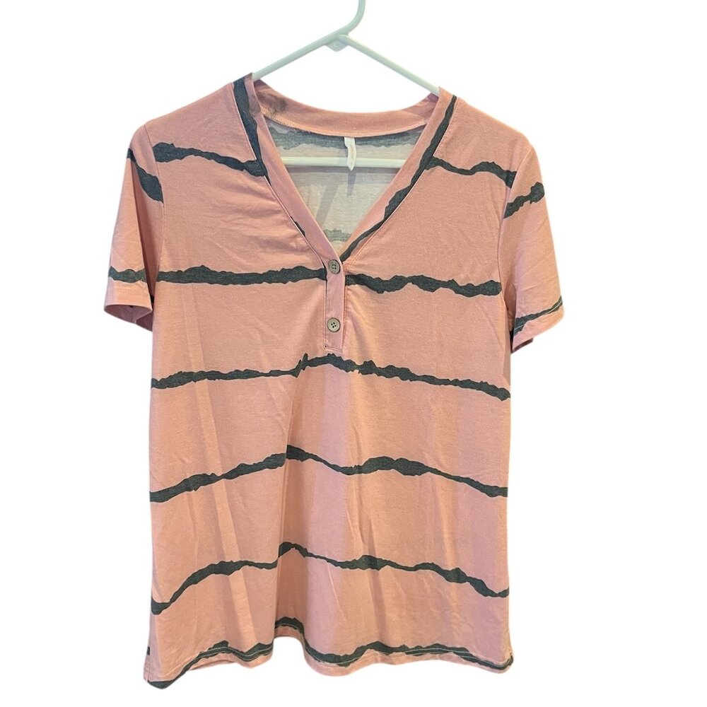 Striped T-Shirt V Neck Pink Women's Medium